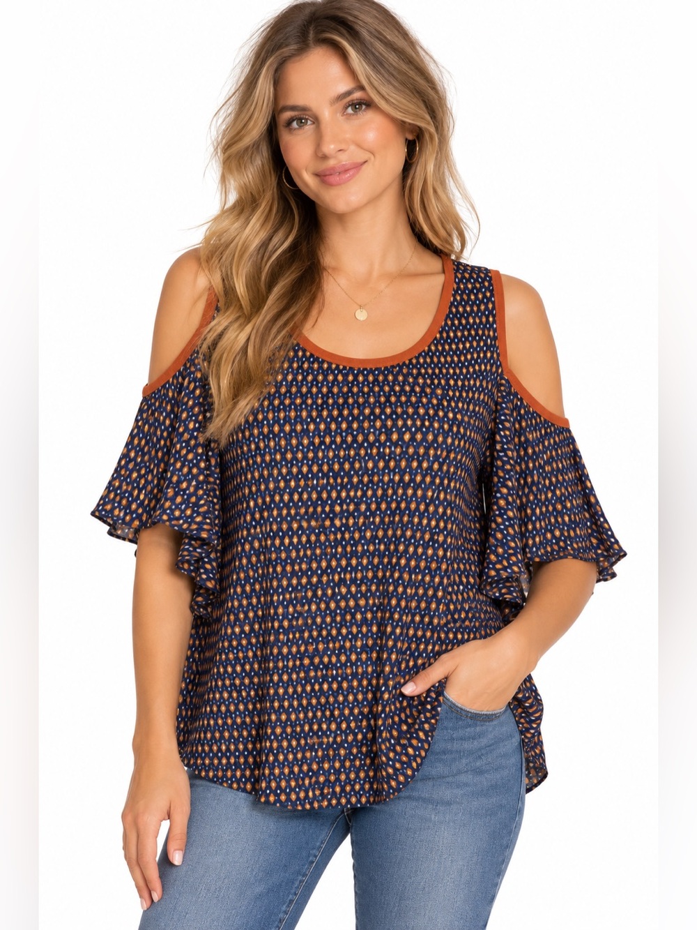 NWT Entro Size Medium Boho Cold-Shoulder Navy and Rust Printed Women's Top